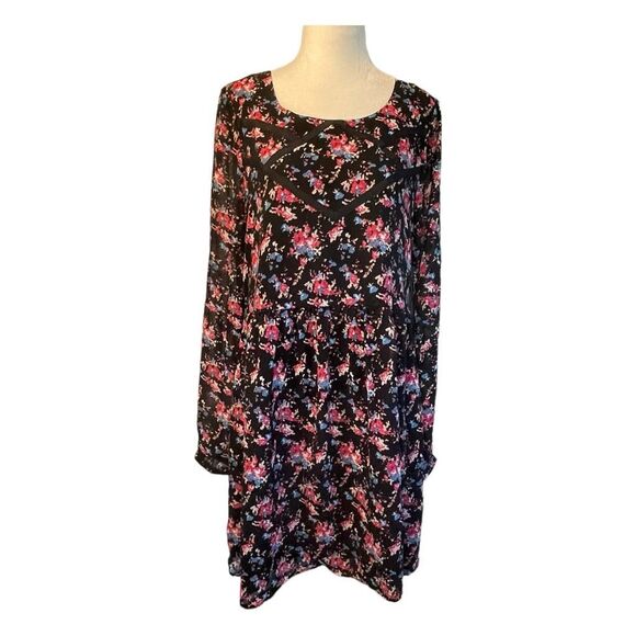 Forever 21 Floral Print Babydoll Mini Dress Black Pink Sheer Long Sleeve XS - Picture 1 of 11